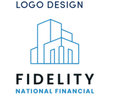 Fidelity logo design (blue mono-lined 3D isometric buildings with the workmark below in all caps and in black)