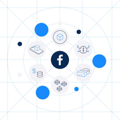 Graphic of metaverse icons on a circular grid with facebook logo in the center