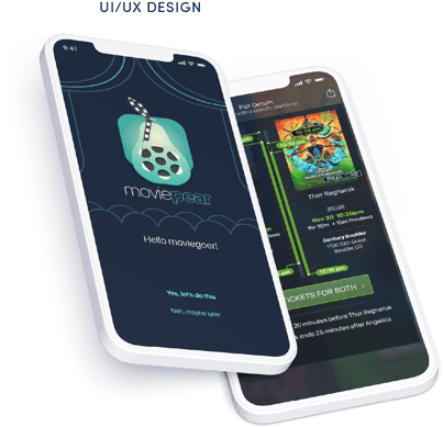iphone mockups with app design for Movie Pear (Intro screen + movie screen)