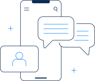 Graphic of phone with chat bubbles and profile image over top Graphic of phone with chat bubbles and profile image over top