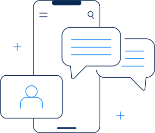 Graphic of phone with chat bubbles and profile image over top